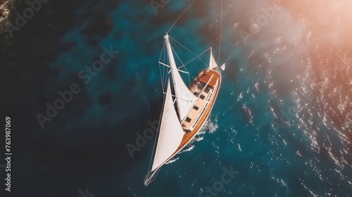 Aerial view of a single-mast yacht gliding along the surface of the water in the open sea. From above, a yacht glides effortlessly on the open sea, a tranquil escape from land.