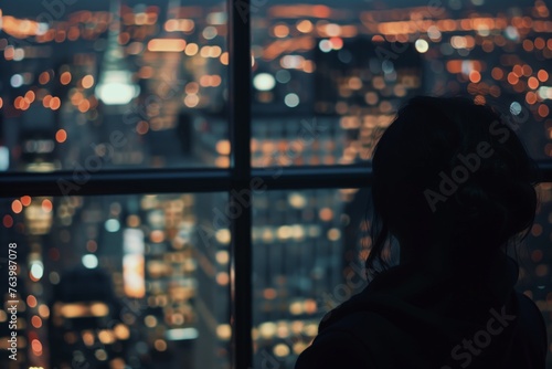 person looking out of highrise office window at city lights photo