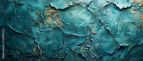 An abstract dark blue-green background. Toned grainy texture. Decorative plaster on a concrete wall. Wide banner. Combination of teal color and rough cement texture.