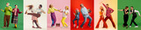 Collage made of men and women of different age, young and seniors dancing different kind of dance against multicolored background. Concept of human emotions, diversity, youth, happiness