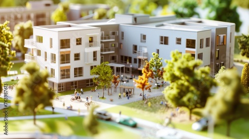 Contemporary student housing with amenities, surrounded by miniature construction scenes of bike lanes and study areas being built