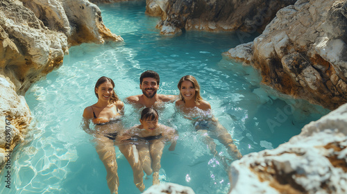 Happy familly bathing in thermal springs.