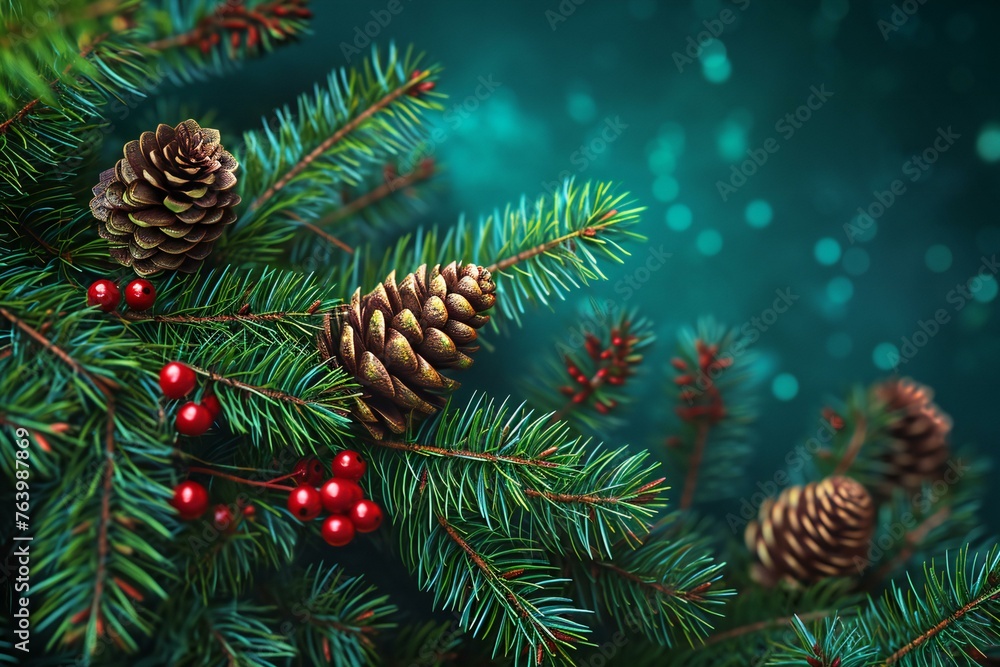 Christmas tree branch with cones and holly berry on green background