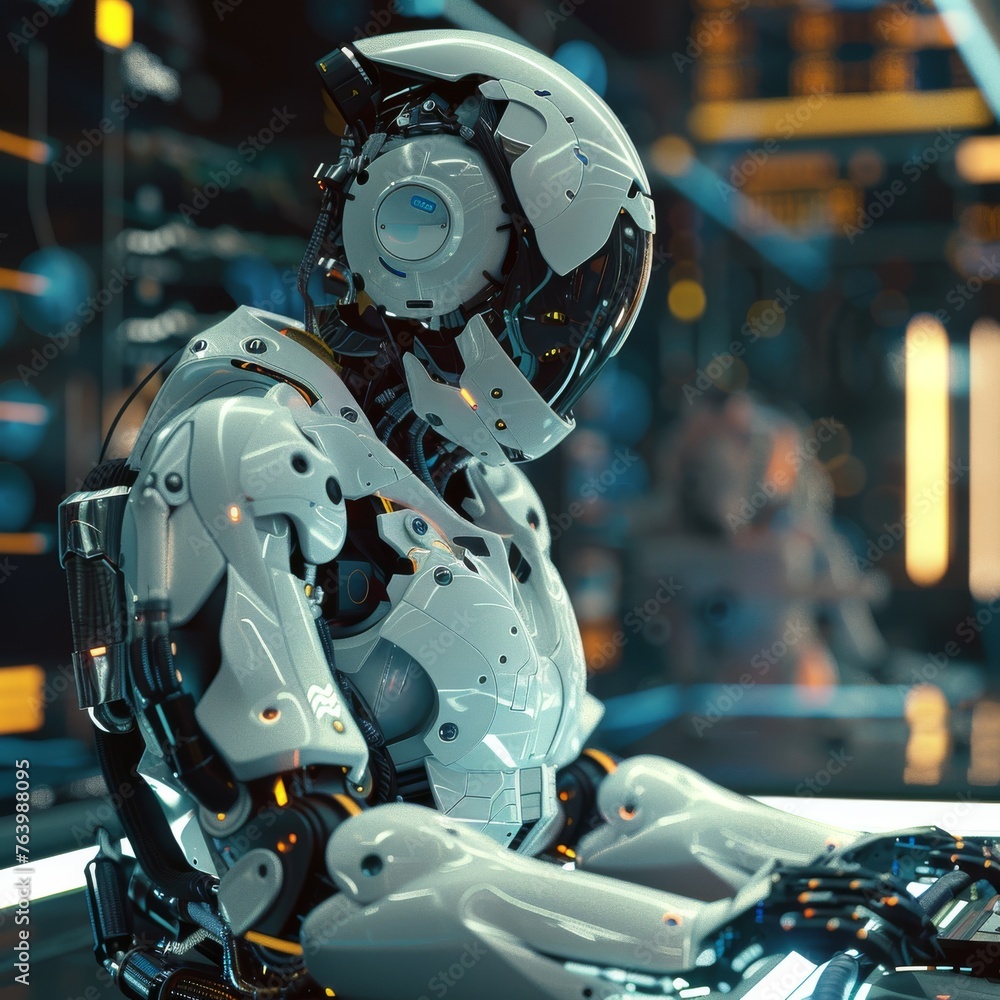 Fototapeta premium A seated robot in repose, portrayed with high-tech precision and futuristic design elements, suggesting contemplation and advanced AI.