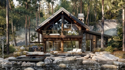 Create a 3D design for a mountain retreat cabin that blends into its natural surroundings with a wooden facade, large stone fireplace, and expansive windows 