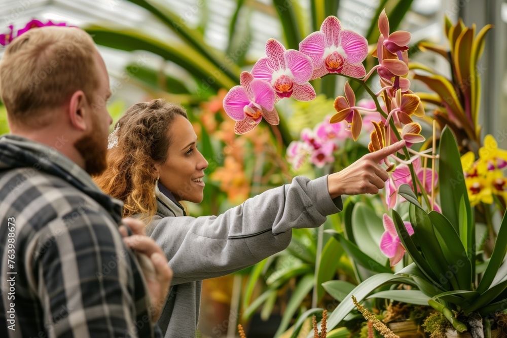 couple admiring orchids, pointing at blooms