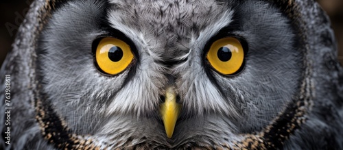 A close up of a grey screech owls face, with striking yellow eyes and a yellow beak. This magnificent bird of prey is a terrestrial animal belonging to the organism group Falconiformes