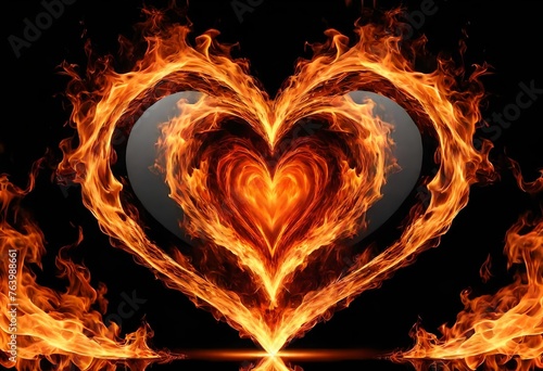 fire flame heart shape isolated on black background 