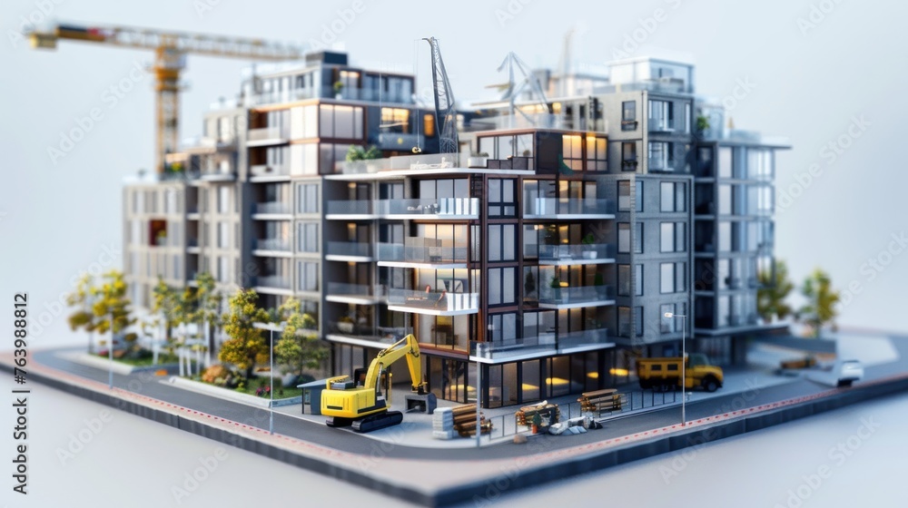 Create a highly detailed 3D model of a sleek, modern apartment building complex, capturing the essence of contemporary urban living. The building