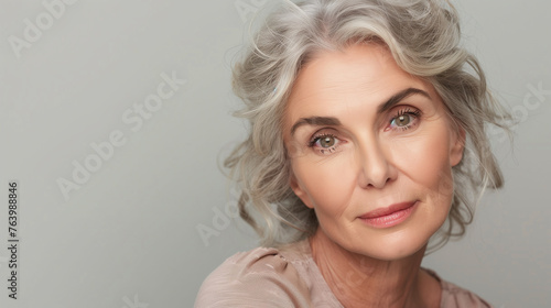 portrait of a beautiful 50s mid aged mature woman with perfect skin for advertisement