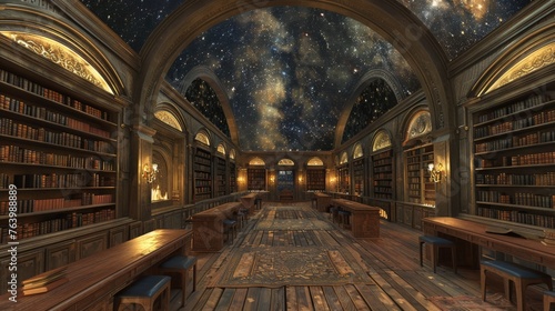 Library Filled With Books Under Starry Night Sky