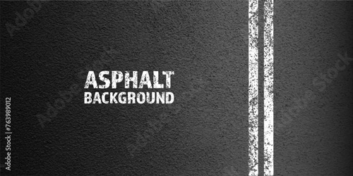Asphalt road with white cracked lane marking, concrete highway surface, texture. Street traffic line, road dividing strip. Pattern with grainy structure, grunge stone background. Vector illustration