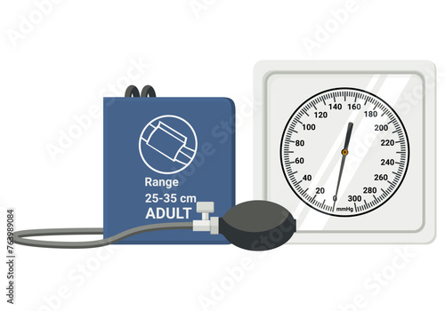 Medical equipment, Aneroid sphygmomanometers type of blood pressure monitor that uses a mechanical gauge to measure blood pressure. diagnostic. Flat design