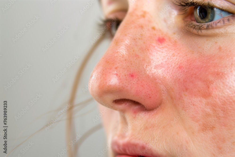 closeup of a womans cheek with visible rosacea - obrazy, fototapety, plakaty 