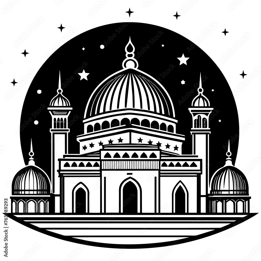 
illustration of eid mubarak card with mosque in night view
