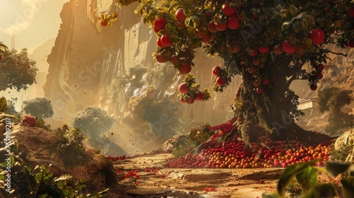 Create a scene of a lush fruit oasis thriving amidst a desolate, post-apocalyptic landscape, symbolizing 