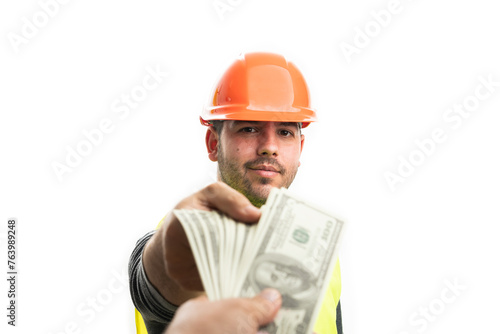 Builder man with happy expression receiving cash money