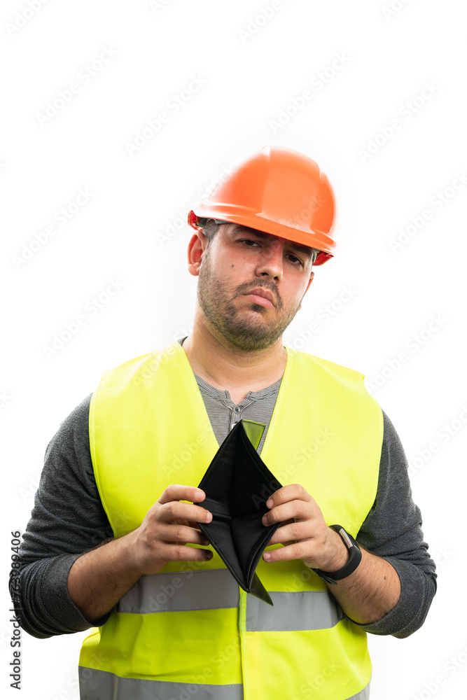 Sad constructor man presenting empty wallet as poor concept Sad constructor man presenting empty wallet as poor concept