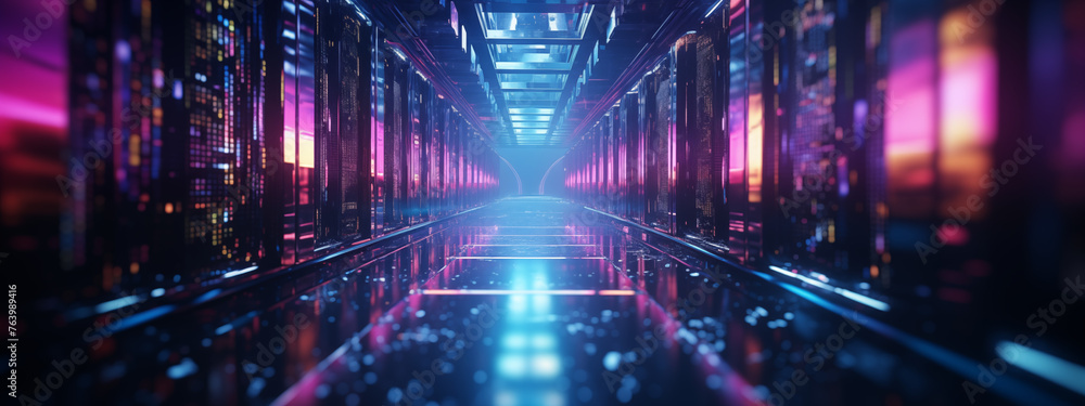 Server Aisle with Glowing Neon Data Transmission