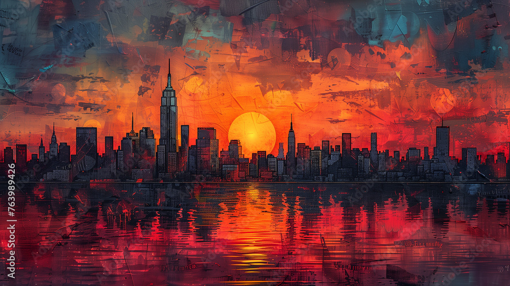 A textured mixed-media portrayal of a bustling New York skyline under a sunset, with prominent landmarks peeping through abstract shapes and vibrant colors.