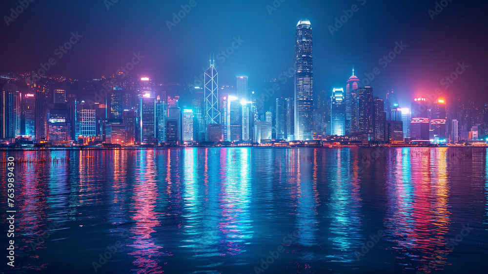 A wide-angle nocturnal view of a lit-up urban skyline, with skyscrapers casting bright reflections on the water, under a starless sky.