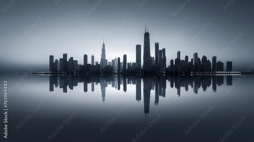 Abstract minimalist futurism style monochromatic urban horizon, skyline sharply outlined with a flawless reflection that doubles the city's majesty, set against a backdrop of dusk