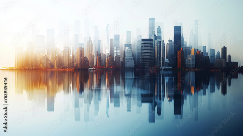 Abstract minimalist futurism style graphic representation of a metropolitan skyline with clear distinctions between the skyscrapers and their reflections on a glass-like lake Abstract minimalist futurism style graphic representation of a metropolitan skyline with clear distinctions between the skyscrapers and their reflections on a glass-like lake