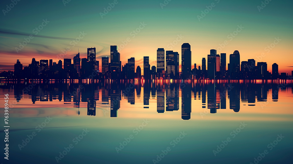 Abstract minimalist futurism style silhouette of a sprawling city skyline at twilight, reflecting off the calm waters below, creating a symmetrical vision of urban life