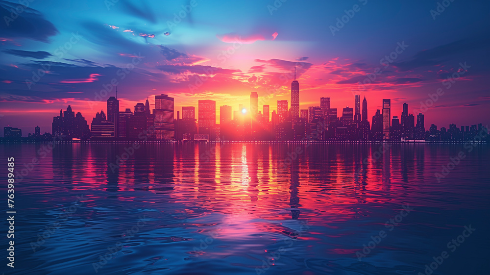 silhouette of a sprawling city skyline at twilight, reflecting off the calm waters below, creating a symmetrical vision of urban life