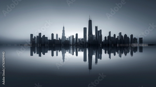 Abstract minimalist futurism style monochromatic urban horizon, skyline sharply outlined with a flawless reflection that doubles the city's majesty, set against a backdrop of dusk © Allan
