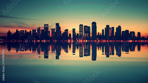 Abstract minimalist futurism style silhouette of a sprawling city skyline at twilight, reflecting off the calm waters below, creating a symmetrical vision of urban life