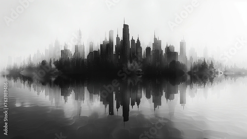 stylized monochrome cityscape silhouette against a soft gradient sky, mirrored perfectly on the surface of a serene river photo