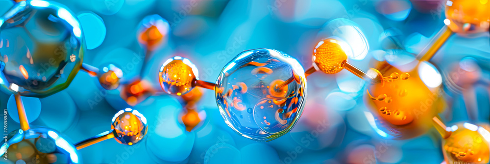 Eine 3D Makro Aufnahme, Nahaufnahme mikroskopischer Blasen und Moleküle, die die chemische Struktur kosmetischer Produkte darstellen. - obrazy, fototapety, plakaty 