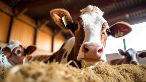 Close-up portrait of a cow on a farm. Eco farming. 