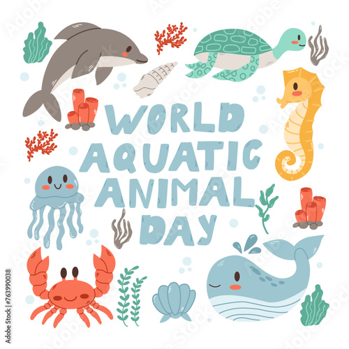 World Aquatics Day. Flyer, bannerSave our ocean. Background vector illustration with marine animals