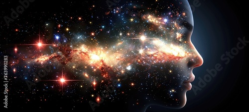 Digital composite of Woman with glowing brain against galaxy and stars in space