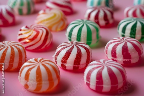 Assorted jelly candies with peppermint swirls on a pink background