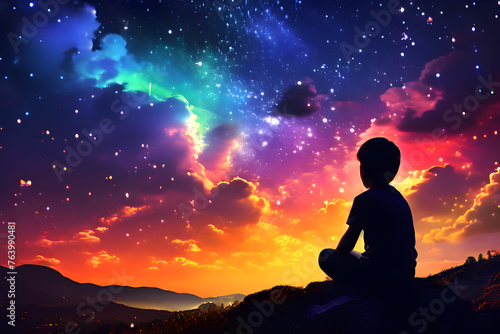 Enchanting Scene: Silhouette of a Boy Gazing at Rainbow-Colored Starry Sky in Awe and Wonder