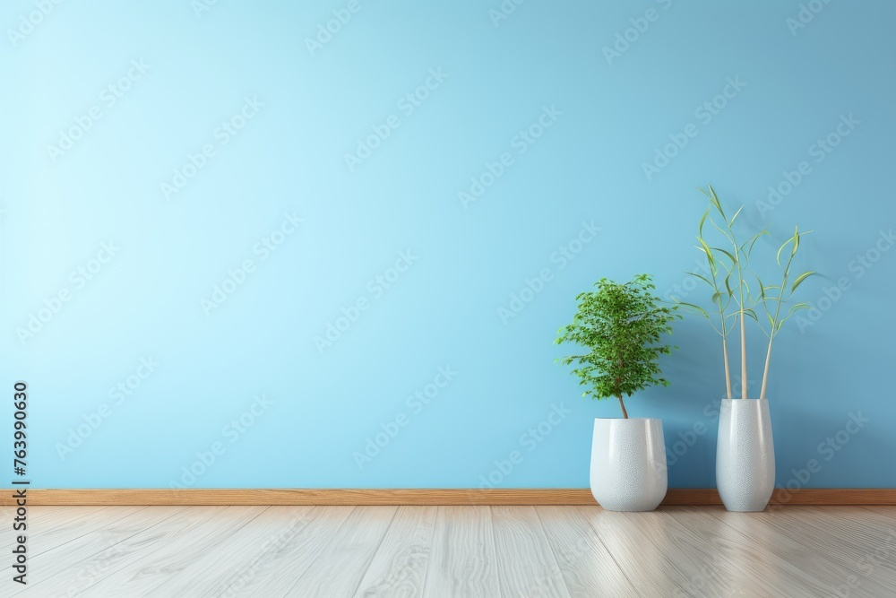 Blue wall mockup with two plant pots on the floor. Blue wall mockup with two plant pots on the floor.