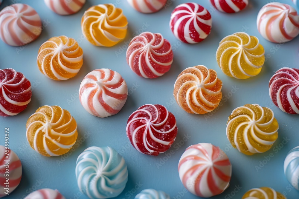 Colorful jelly candies with peppermint swirls on a blue background