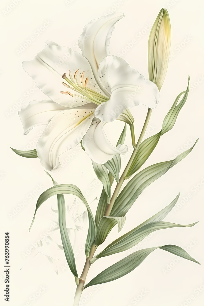 Elegant simple colored pencil of small single white lily flower botanical painting on ivory background,  Artwork for wall art illustration and home decor, digital art