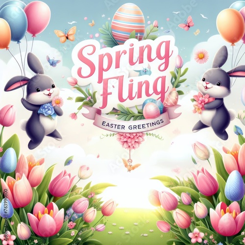 Joyful Easter Bunnies with Springtime Balloons