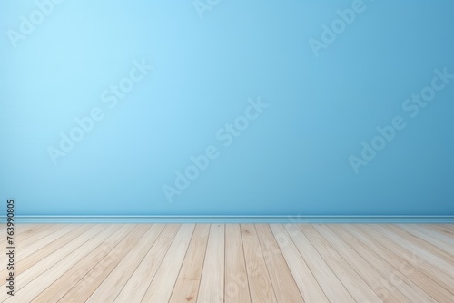 Wall mockup. Ligh - blue minimalist wall background with wood flooring