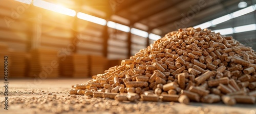 Biomass wood pellets and woodpile stack on blurred background with copy space for text placement