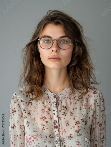 Serene portrait of a natural young woman with delicate glasses and a patterned blouse, reflecting contemporary sensibilities