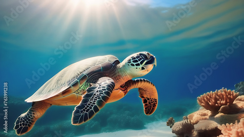 Sea turtle in the depths of the sea against the backdrop of sun rays and corals © Svetlana Zibrova