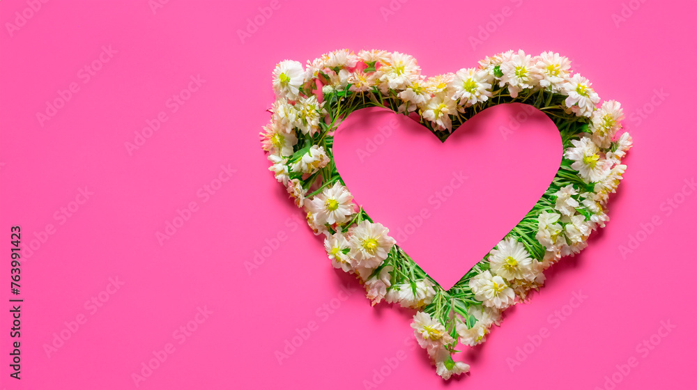 Fototapeta premium Flowers in hole in heart shaped form over pink punchy pastel background