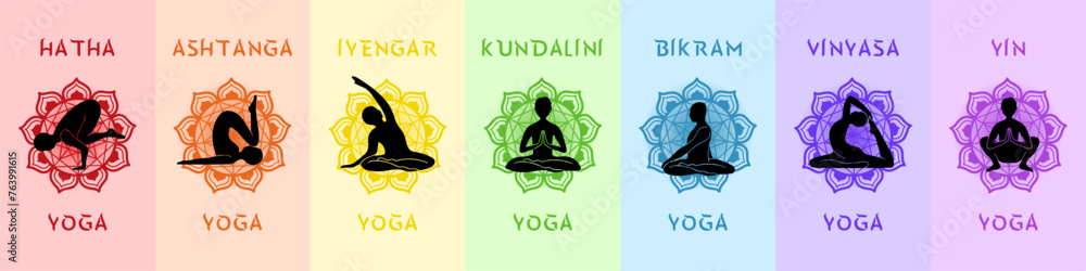 Enrich your next design with this 7 Yoga Styles Rainbow Set! Each showcases a unique vibrant mandala design, representing hatha, ashtanga, iyengar, kundalini, and more. Perfect for digital, events. Enrich your next design with this 7 Yoga Styles Rainbow Set! Each showcases a unique vibrant mandala design, representing hatha, ashtanga, iyengar, kundalini, and more. Perfect for digital, events.