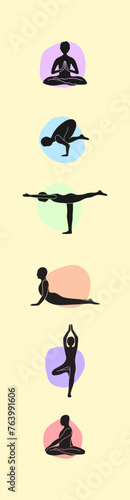 Dive into yoga with these vibrant position icons. Each silhouette represents a different asana, perfect for your new design or space decoration, promoting harmony and wellness. Isolated vector format.