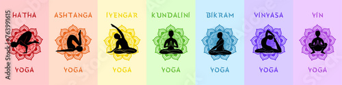 Enrich your next design with this 7 Yoga Styles Rainbow Set! Each showcases a unique vibrant mandala design, representing hatha, ashtanga, iyengar, kundalini, and more. Perfect for digital, events.